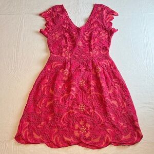 Anthropologie Yoana Baraschi Fuchsia Orange Lace V-Neck Back Zip Mini Dress 2